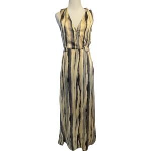 Costa Blanca Painted Striped Maxi Dress Women's XS Cream Gray V-Neck Slinky Long